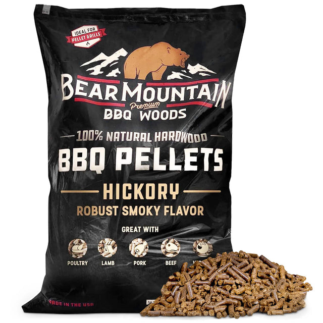 IDEAL FOR PELLET GRILLS  
BEAR MOUNTAIN  
Premium BBQ Woods  
100% NATURAL HARDWOOD BBQ PELLETS  
HICKORY  
ROBUST SMOKY FLAVOR  
GREAT WITH POULTRY LAMB PORK BEEF  
MADE IN THE USA