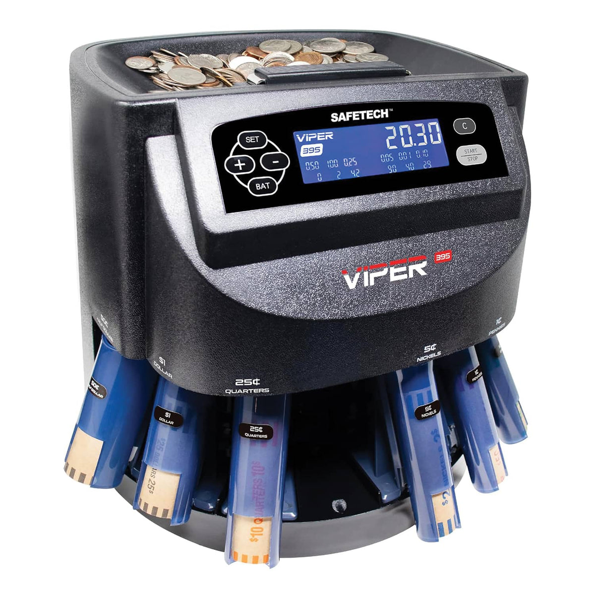 SafeTech - Viper V395 Coin Counter, Sorter, Wrapper with 48 Preformed Wrappers and Dust Cover