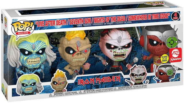 Funko Pop! Rocks
"Live After Death / Seventh Son / Nights of the Dead / Somewhere in Time Eddie" 4 Pack
Vinyl Figures / Figurines en Vinyle / Figuras Pop!
Iron Maiden
Glows in the Dark
Exclusive
Warning: Choking Hazard
Attention: Danger of Asphyxiation
Peligro de asfixia
Advertencia: peligro de asfixia
A adecuado para niños
Danger: danger de touffement
36 mois. Parties pequeñas. No es suficiente para niños menores de 36 meses.
Petites pour les enfants de moins de 36 mois. Ne convient pas aux enfants de moin