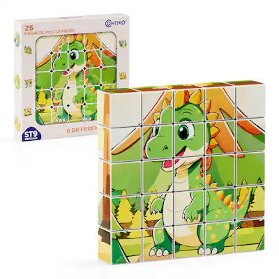 Contixo - ST9 25-Piece Magnetic Dinosaur Puzzle Blocks – 6 Puzzles in One, STEM Learning Toy for Kids Ages 3+