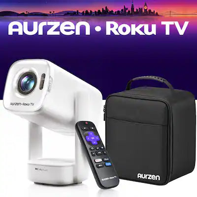 Aurzen - Roku TV Smart Projector with Carrying Case, USB-C Powered, Flexible Stand, Independent Base Speakers, Dolby Audio, 1080P