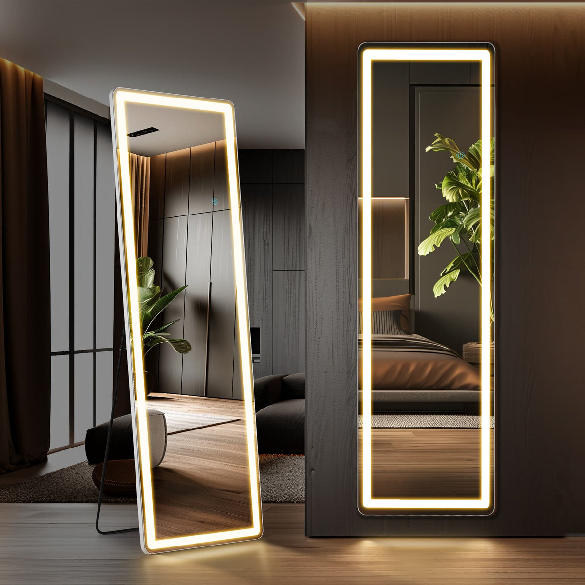 Anysun - 16" x 60" LED Floor Standing Mirror - 3-Color Lighting, Right-Angle Design, Wall Mountable Option