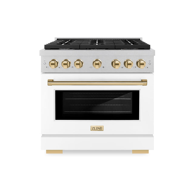 Front. ZLINE - 36 in. Wide 6 Burner 5.2 cu. ft.  Autograph Paramount Dual Fuel Freestanding Range with White and Gold Accents - White.