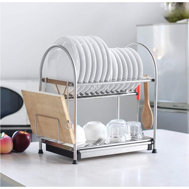 Front. Oumilen - 2-Tier Full Stainless Steel Dish Drying Rack, 15.8 x 10.4 x 17.7 in for Kitchen Countertop with Drainage Tray.