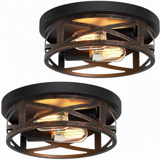 Front. RYHNUYNE - 2-Pack Matte Bronze Industrial Flush Mount Ceiling Light with Crisscross Metal Cage, Round Close-to-Ceiling Fixture.