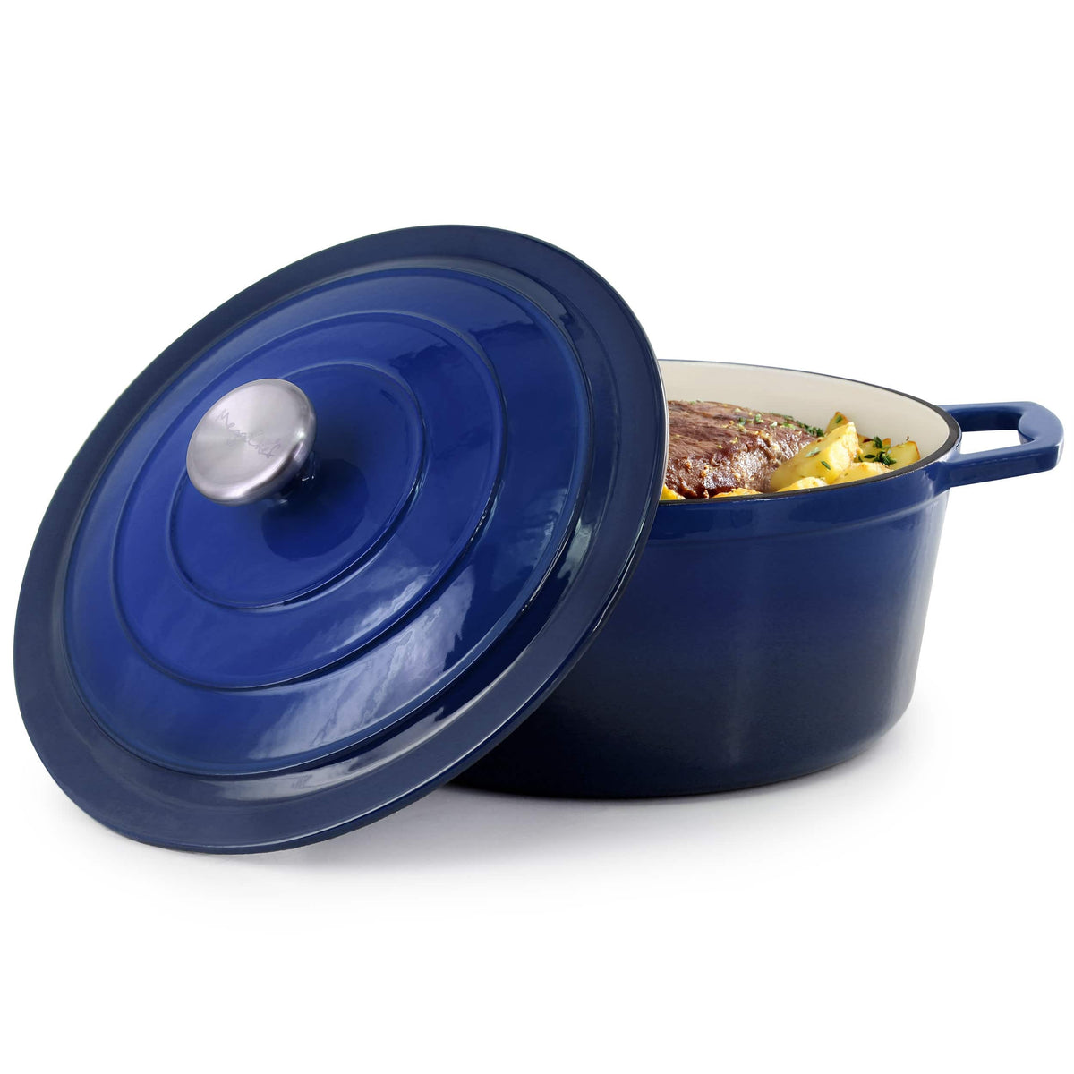 MegaChef - 5 Quarts Round Enameled Cast Iron Casserole with Lid in Gradient - Dark Blue