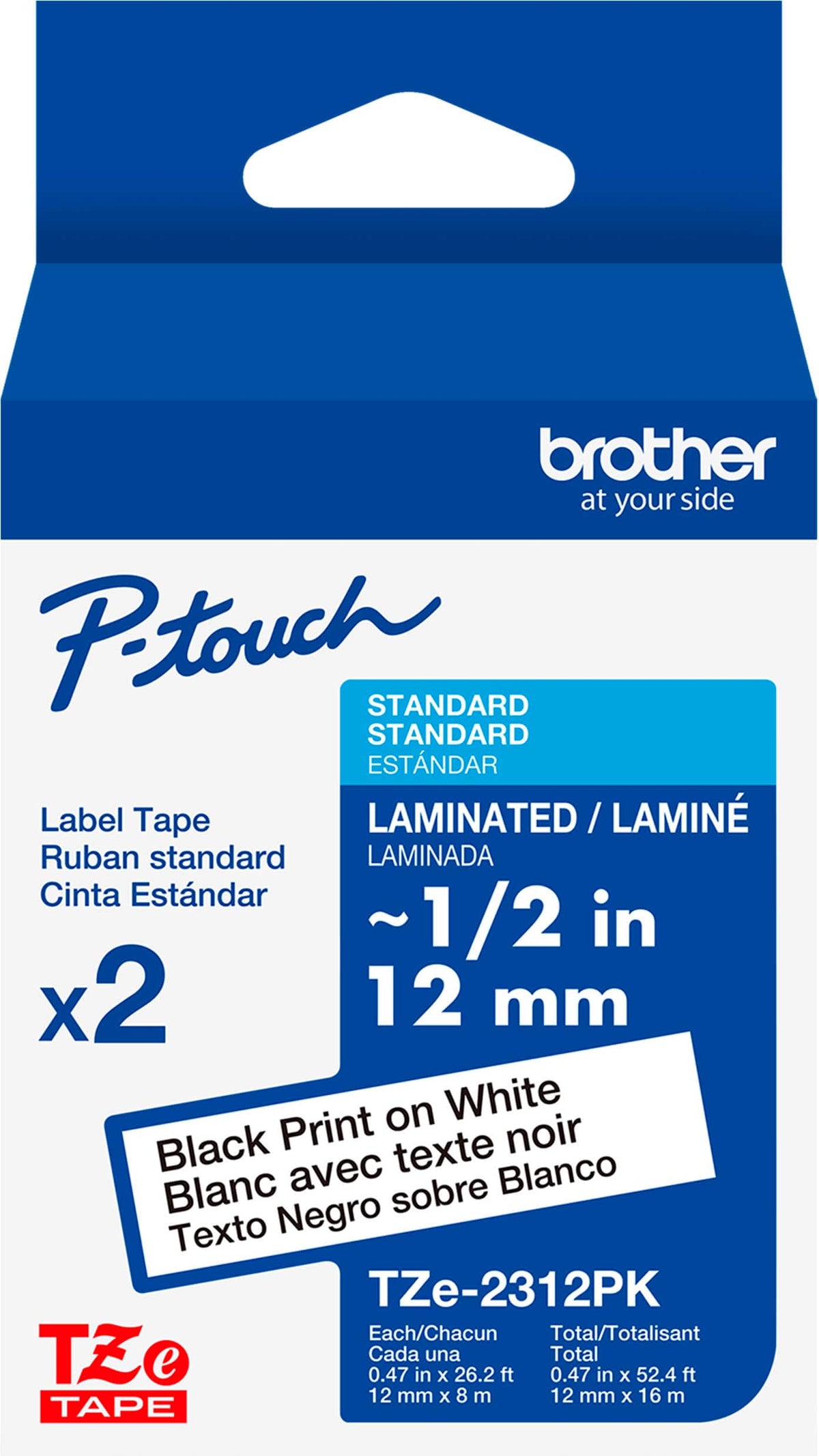 Brother - P-touch TZe-231 2-Pack, Black Print on White Laminated Label Tape, ~1/2in x 26.2ft (12mm x 8m) each - Black on White