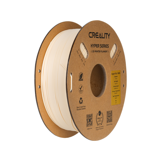 CREALITY HYPER SERIES  
3D PRINTER FILAMENT  

Hyper PLA SKIN  
Diameter: 1.75mm  
Net Weight: 2.0kg  
Printing Speed: 30-60mm/s  
Printing Temperature: 190-210°C  
Bed Temperature: 60-80°C  

Spool made from recycled material  

CREALITY  
Better with CREALITY Original Filaments  

CREALITY HYPER SERIES  
3D PRINTER FILAMENT  

Hyper PLA SKIN  
Diameter: 1.75mm  
Net Weight: 2.0kg  
Printing Speed: 30-60mm/s  
Printing Temperature: 190-210°C  
Bed Temperature: 60-80°C  

Spool made from recycled material  