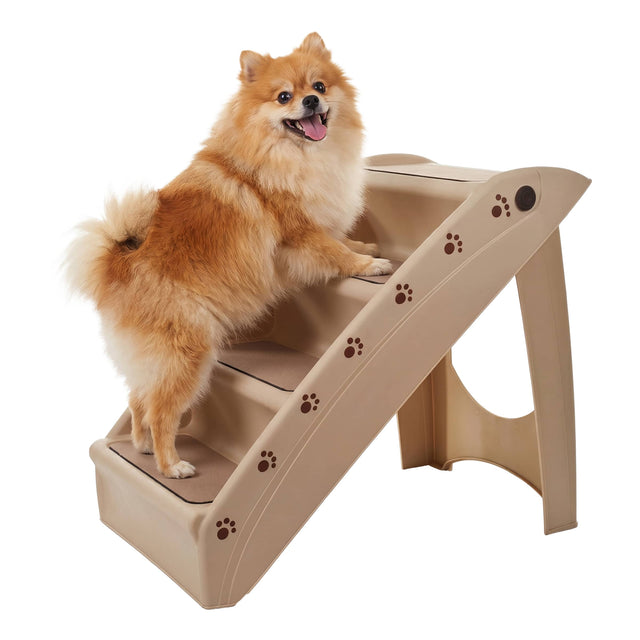 Front. PetMaker - Dog Stairs for Small Dogs Foldable 4 Step Heavy Duty Non-Slip Pet Stairs High Bed, Couch or Car Pet Steps, 19.5” Tall - Tan.