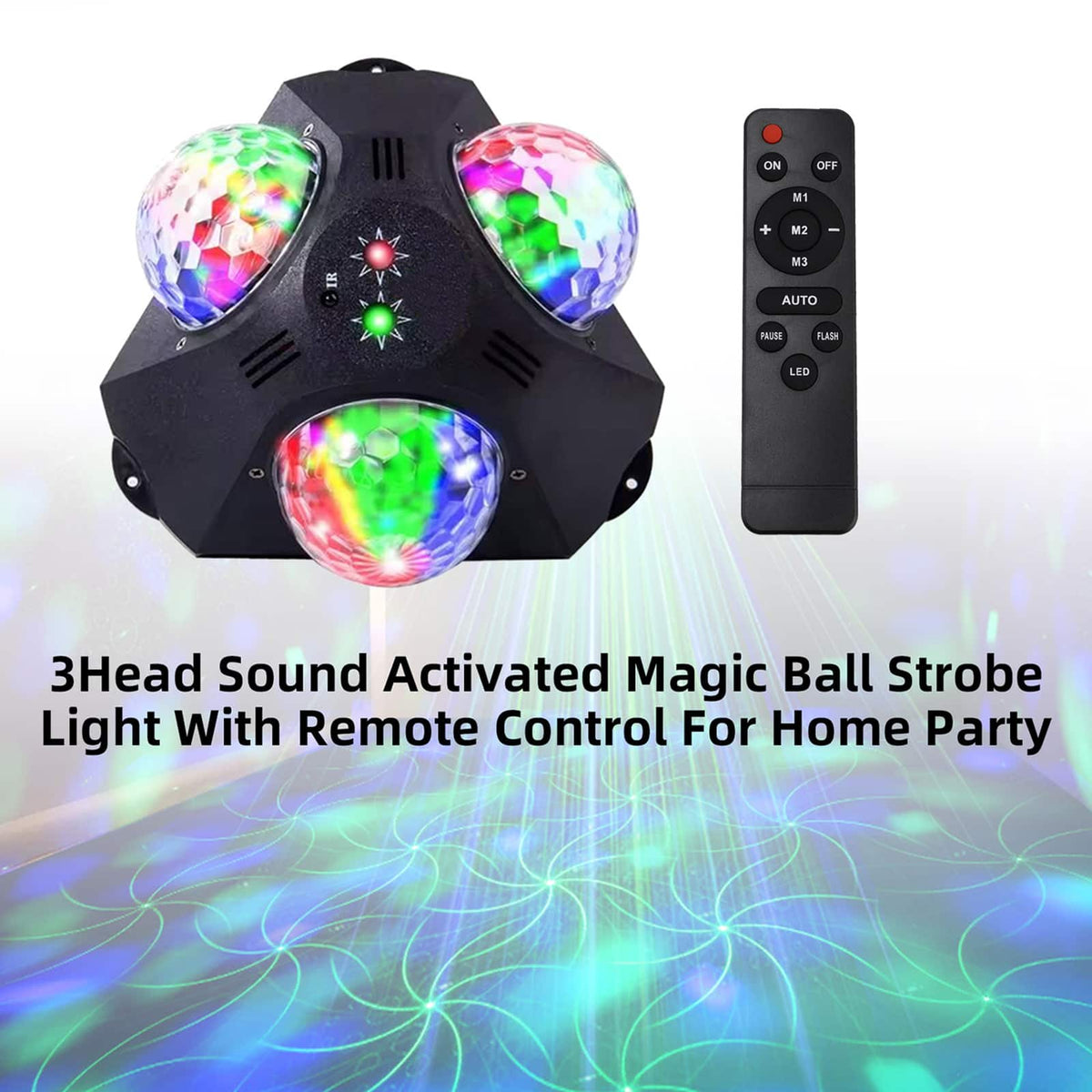 Topteng - 3-Head Sound Activated Party Light with Remote - Magic Ball Strobe, Laser Effects, for Home Disco & Karaoke