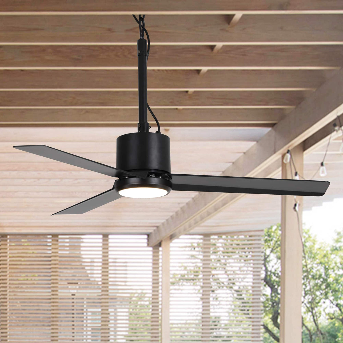 Parrot Uncle - 42" Modern Waterproof Wet Outdoor Gazebo Hook Ceiling Fan with Dimmable LED Light, Remote and Plug in - Black