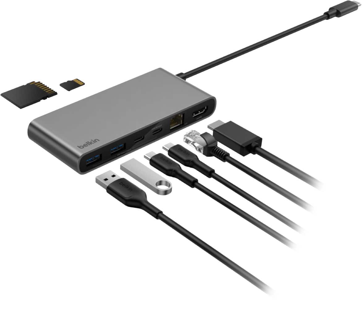 Belkin - 8-Port Hub w/ 4K HDMI Display @ 60Hz, 100W Power Delivery, Fast Data Transfer 10Gbps, USB-C Multiport Adapter - Space Gray