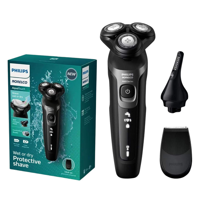 PHILIPS NORELCO AquaTouch Shave wet or dry NEW PHILIPS KOMEICO PHILIPS MORELCO 5000 Series AAADONAe MI -U d 3o Contour Head ComforCut Blades 191 - ...... Uten ? -rgs Wet or dry Protective shave Click-on precision trimmer