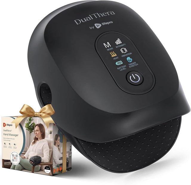 Thera Dual I1 lifepro by M o0l

INTENSITY MODE OR SSS VIBRATION HEAT 0n FINGER BATTERY STRETCH LEVEL

I lifepro DualThera" Hand Massager Rew . Sote - - TA