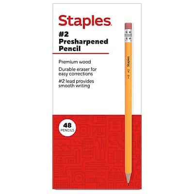 Staples  
#2 Presharpened Pencil  
Premium wood  
Durable eraser for easy corrections  
#2 lead provides smooth writing  
48 PENCILS