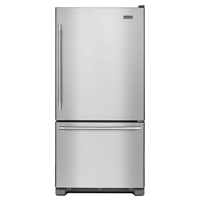 Front. Maytag - 19 Cu. Ft. Bottom-Freezer Refrigerator with Humidity-Controlled FreshLock Crispers - Stainless Steel.