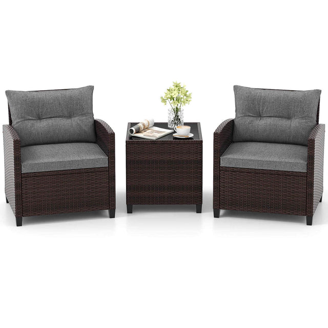 Front. Costway - 3 PCS Patio Rattan Furniture Set Cushioned Conversation Set Sofa - Gray.