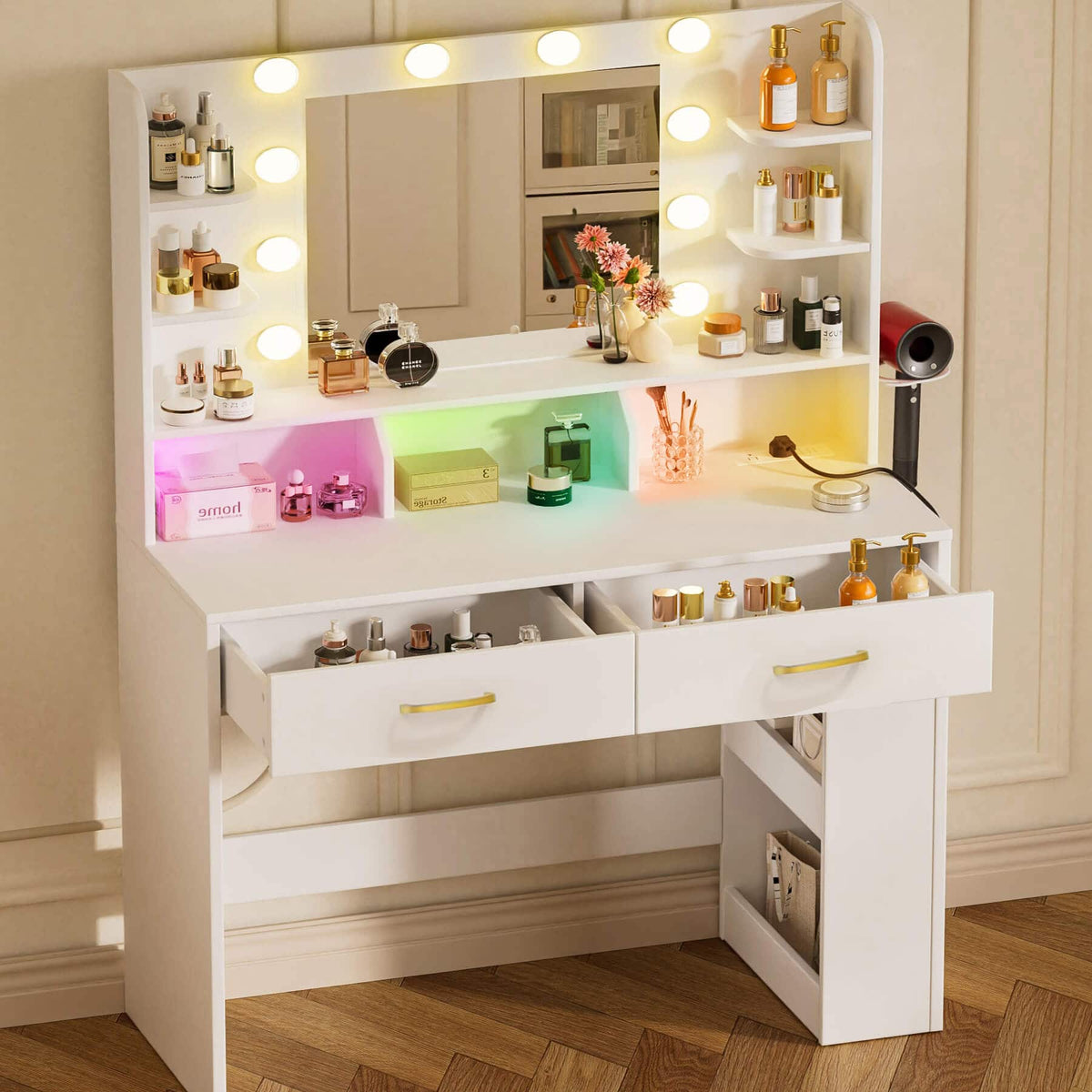 CloudRest Pro - Vanity Desk with Power Outlet Vanity Table RGB LED Lights Makeup Vanity Set - White