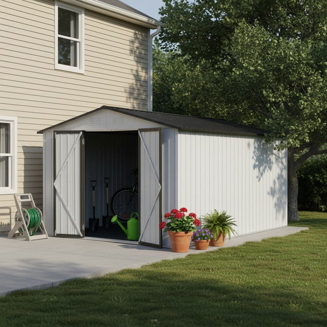 Front. Anysun - 10x12ft Metal Garden Shed with Apex Roof, Hinged Door & Integrated Vents, Heavy-Duty Outdoor Storage with Padlock - White+Gray.