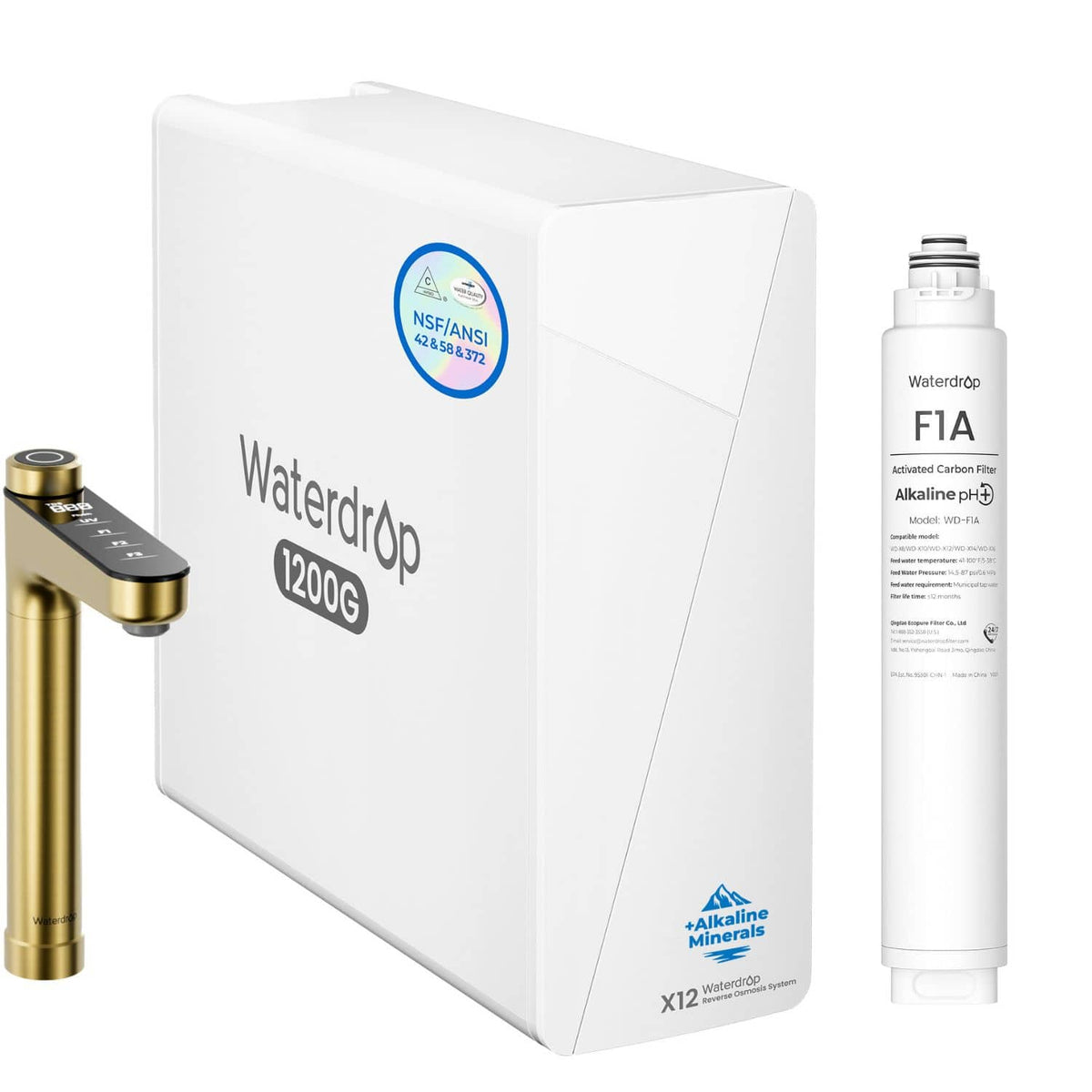 Waterdrop - X12-WAJ Alkaline Mineral Reverse Osmosis Water Filter, Gold Faucet, EXTRA F1A Filter