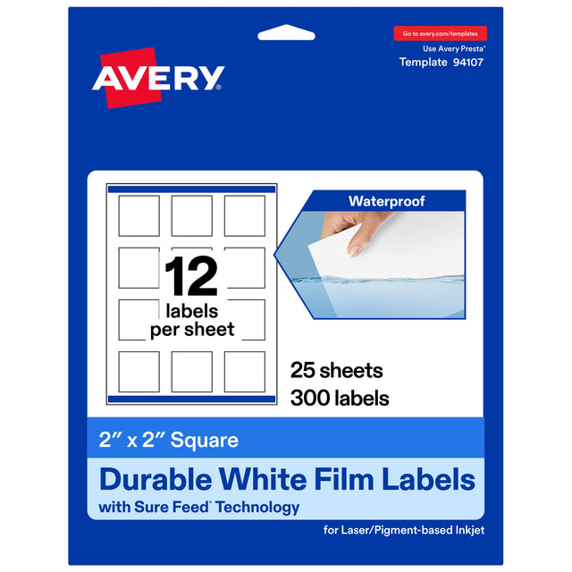 Go to avery.com/templates  
Use Avery Presta™ Template 94107  

Waterproof  
12 labels per sheet  
25 sheets  
300 labels  

2" x 2" Square  
Durable White Film Labels  
with Sure Feed™ Technology  
for Laser/Pigment-based Inkjet
