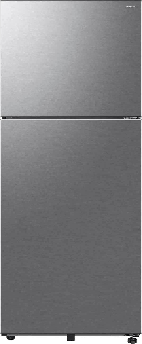 Front. Samsung - 28 in. Wide 18 cu. ft. Garage Ready Top Freezer Refrigerator with Ice Maker - Stainless Steel.