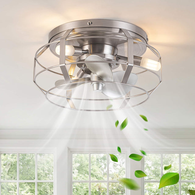 Front. Parrot Uncle - 12.2" Industrial Caged Flush Mount Ceiling Fan with Light and Remote - Nickel.