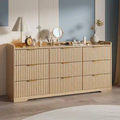 Furnulem - 9 drawer Dresser Wood Wide Chest Of Drawers With Metal Handle