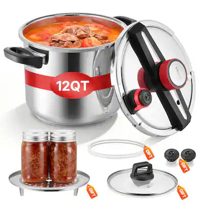 VEVOR - Pressure Cooker, 12Qt Pressure Cooker Stainless Steel, Pressures Canner with Steaming Rack, Tempered Glass Lid