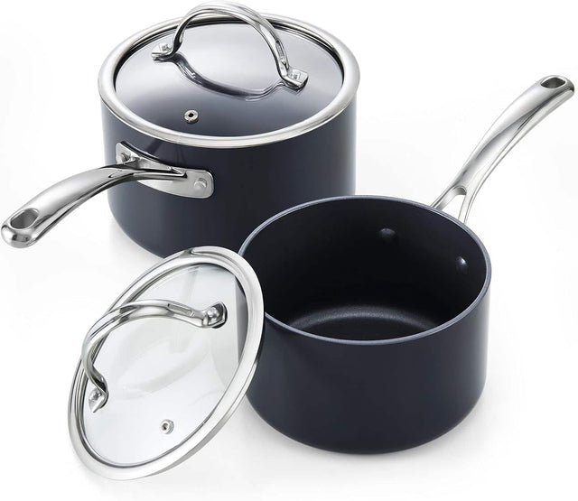 Front. Cooks Standard - 2qt+3qt Hard Anodized Nonstick Saucepan w/Glass Lid Heavy-duty Aluminum Small Soup Pot,Stay Cool Handle, Not Induction - black.