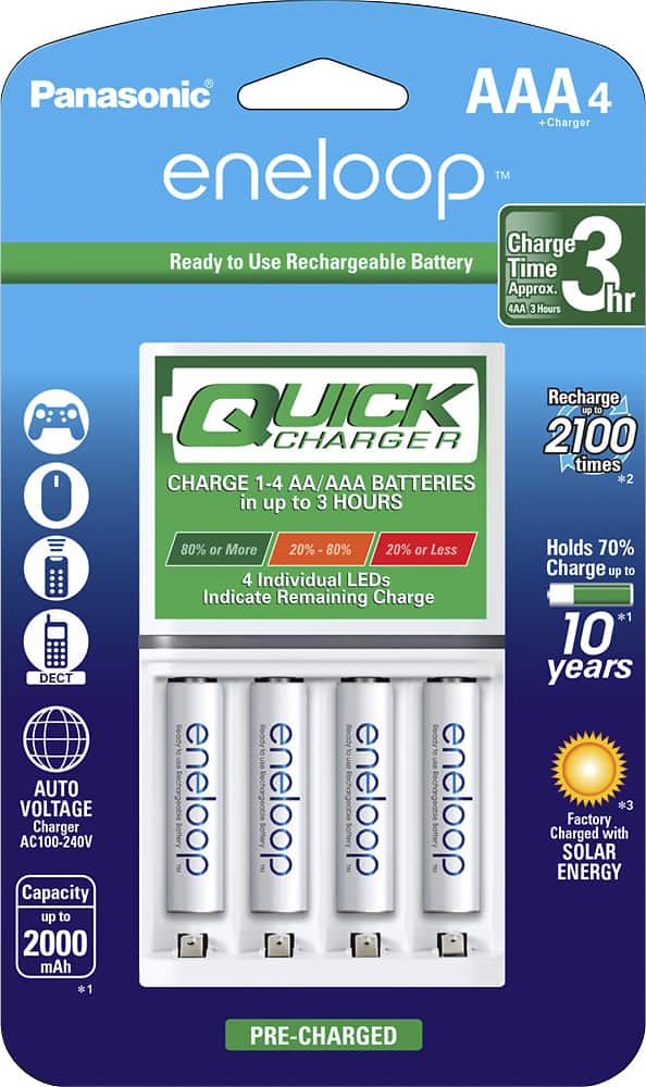 Front. Panasonic - eneloop Quick Individual Battery Charger and 4 AAA Batteries Kit - White.