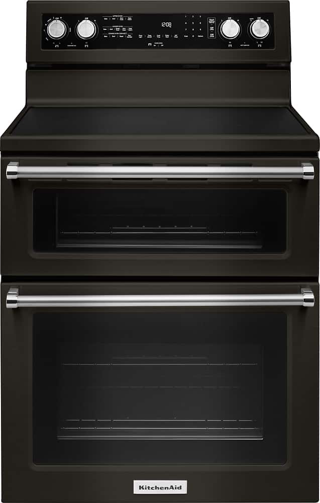 Front. KitchenAid - 6.7 Cu. Ft. Self-Cleaning Freestanding Double Oven Electric Convection Range - Black Stainless Steel.