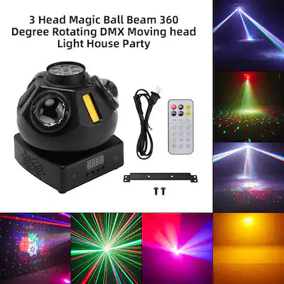 Topteng - 3-Head Magic Ball Beam Light - 360° Rotating Moving Head with DMX & Sound Control, Remote Included for Home Party