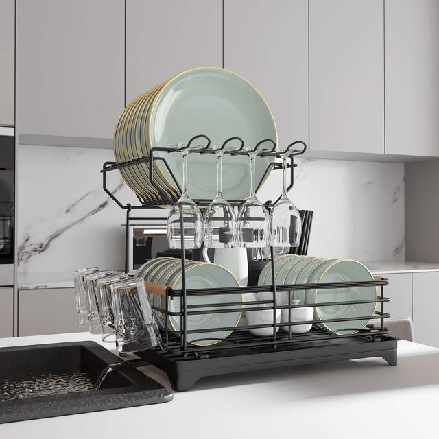 Front. Malletson - 2-Tier Dish Rack Bamboo-Handled Large Capacity Dish Drainer Organizer with Utensil Holder - BLACK.