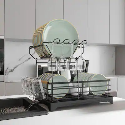 Malletson - 2-Tier Dish Rack Bamboo-Handled Large Capacity Dish Drainer Organizer with Utensil Holder
