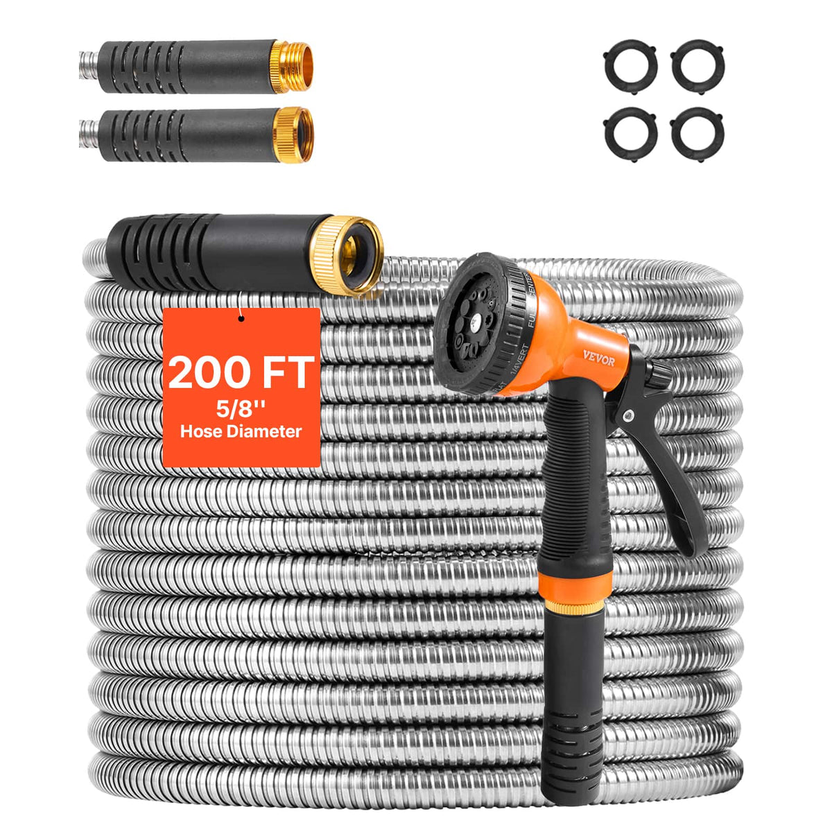 VEVOR - Metal Garden Hose 200 ft, Rust Proof Water Hose, Heavy Duty Backyard Hose with 10 Function Nozzle - Stainless Steel
