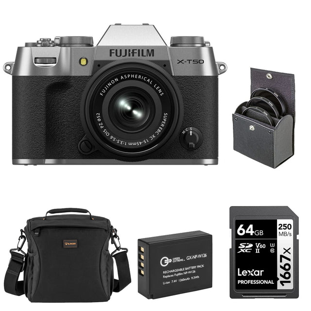 FUJIFILM X-T50 ASPHERICAL FUJINON LENS 052 SUPER PZ 5 EBC MC3 C OIS M I 1:3.5-5.6 XC 15-45mm

'BLACER OREEN GX-NP-W126 G CXTRME BATTERY PACK RECHARGEABLE NP.W/26

Replaces Pujlfim 1260mAh ENLe Lion T.AV

250 64GB MB/s SP V60 6 XC II X PROFESSIONAL Lexar 1667