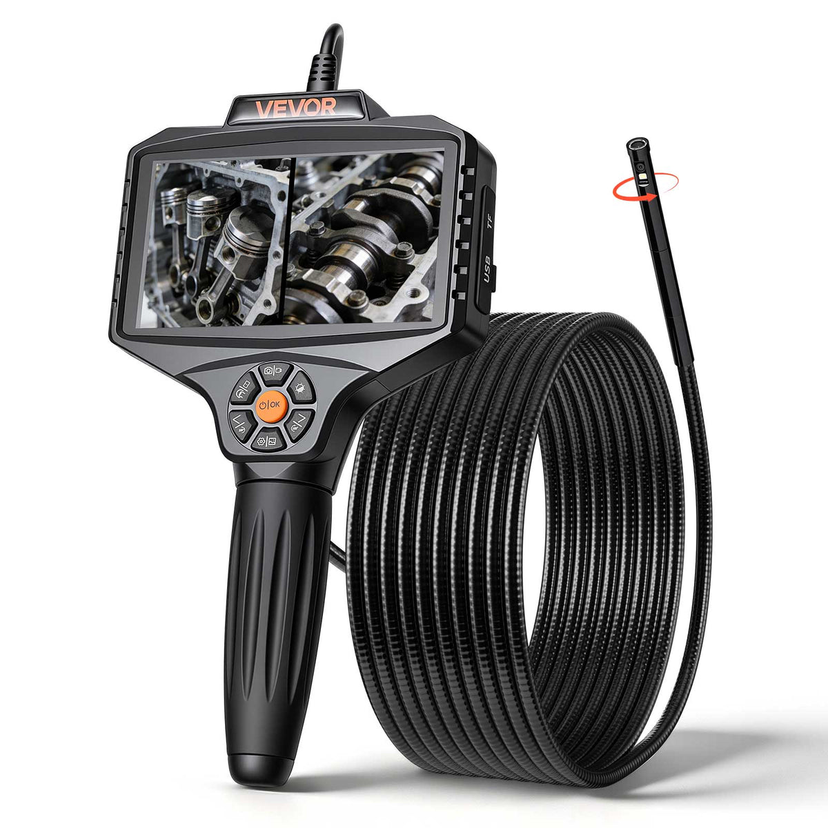 VEVOR - Endoscope with Light, 360° View Coverage Industrial Borescope Inspection Camera with Rotating Probe - Black