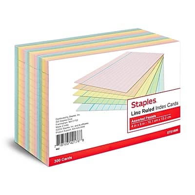 Staples - 4" x 6" Index Cards, Lined, 300/Pack - Assorted