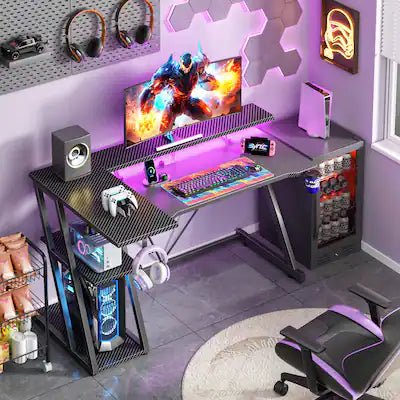 Furnulem - 47 In Gaming Desk with Monitor StandCPU StandPower OutletLED LightHome Office Desk with Cup HolderHeadphone Hook