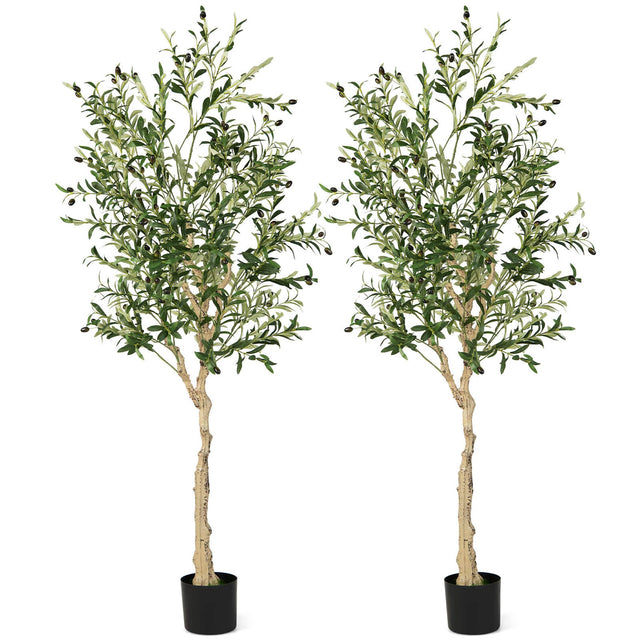 Front. Gymax - Gymax 2-Pack Artificial Olive Tree 6 FT Tall Faux Olive Plants for Indoor and Outdoor - Green.