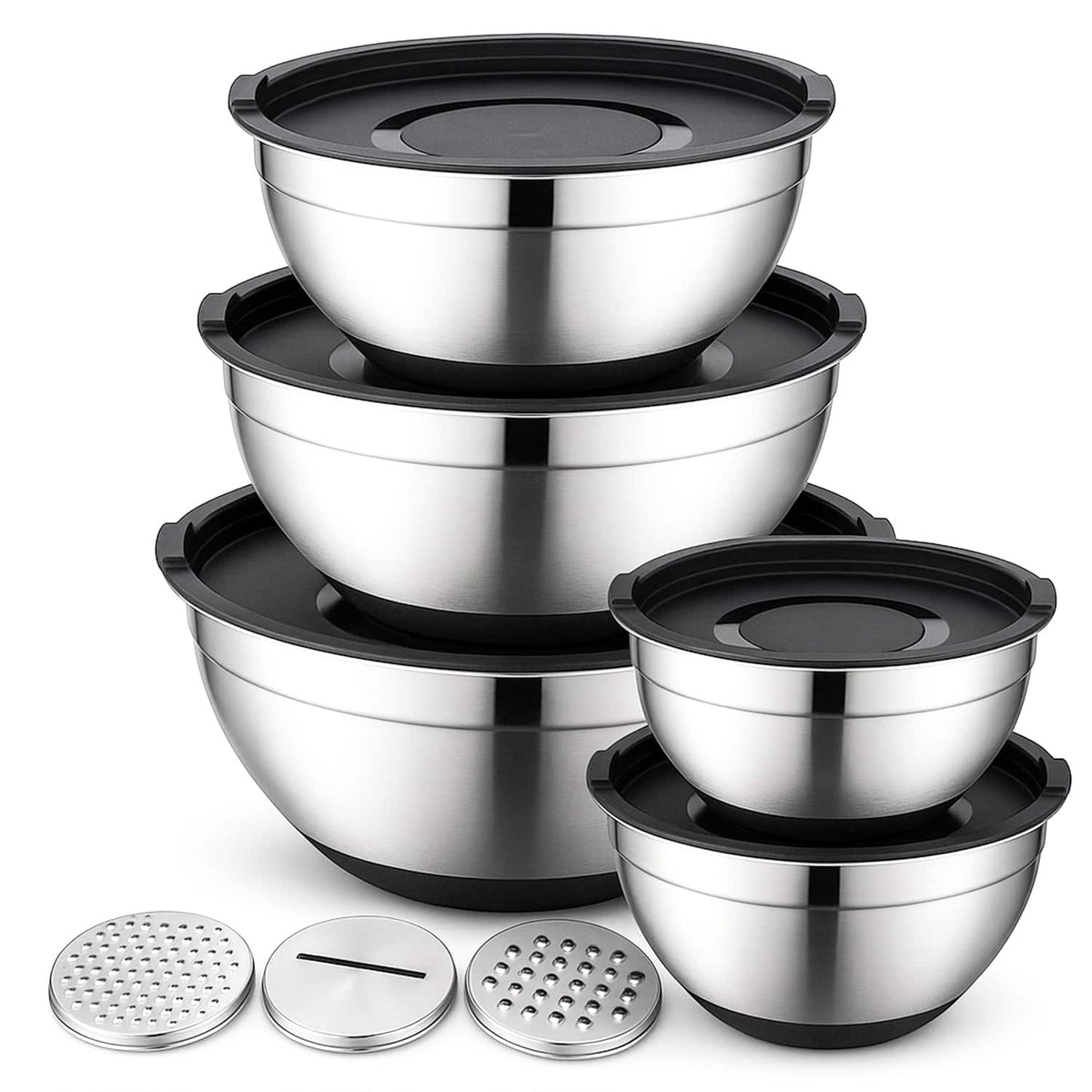 Luminuxe - 5‑Pc Stainless Steel Mixing Bowls w/ Grater & Lids, Durable Nonslip Nesting Rust-Proof for Cooking