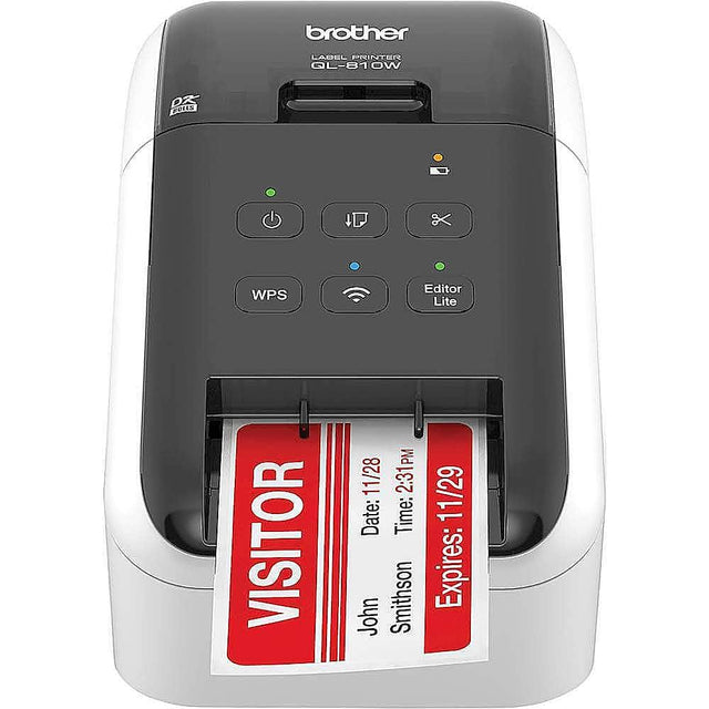 Brother LABEL PRINTER QL-810W 03 FSy WPS Editor Lite VISITOR PM 11/28 2:31 Date: 11/29 Time: 2:31 John Smithson 11/29 Expires: