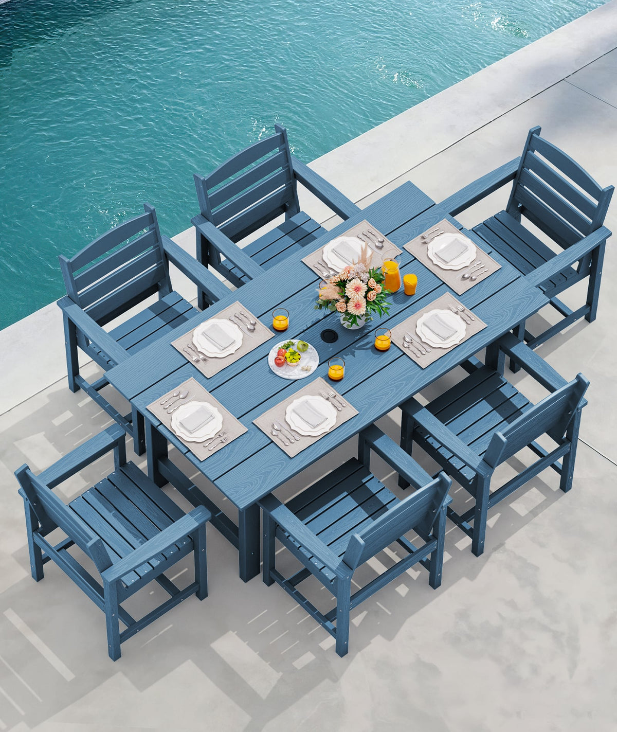 SERWALL - 7 Pcs Outdoor Dining Set, Outdoor Dining Furniture with Rectangular Table & 6 Chairs, All-Weather Resistant Dining Set - Blue