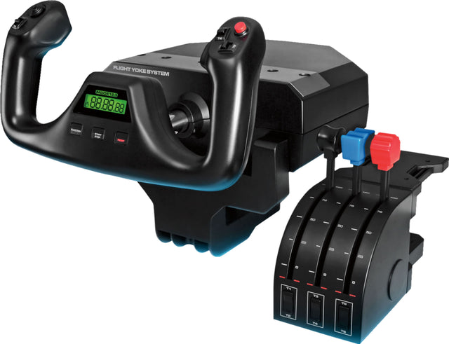 The Flight Yoke System MOOE123 is a device that features a joystick and a display. The joystick is designed to be used with the display, and it can be used for various purposes, such as controlling a flight simulator or a video game. The display shows the current status of the joystick, including the position and orientation of the joystick. The device is equipped with a green display and a red button, which can be used to control the joystick or to access additional features. The Flight Yoke System MOOE123