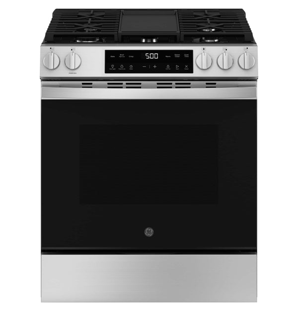 GE - 30 in. Wide 5 Burners 5.3 Cu. Ft. Slide In Gas Range with Steam Cleaning and Crisp Mode - Stainless Steel