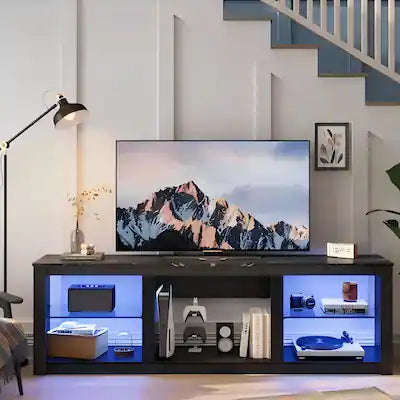Bestier - 70" TV Stand with LED Lights and Glass Shelves for TVs up to 75"