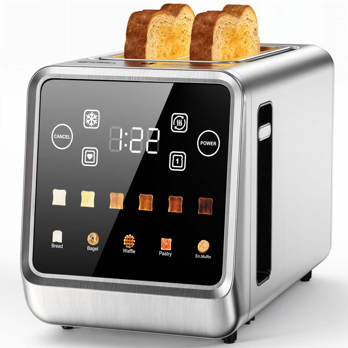 Teendow - 2-Slice Touchscreen Toaster, Stainless Steel, 900W, Extra-Wide 1.5" Slots, 5 Toast Modes, 6 Shade Settings - Silver