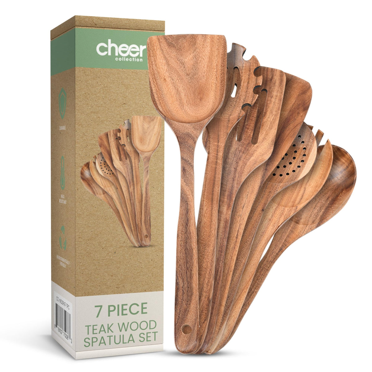 Cheer Collection - 7 Piece Elegant Wood Kitchen Utensils Set for Cooking and Serving with Hanging Stor - Natural Brown