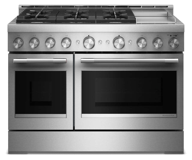 Front. KitchenAid - 48 inch Wide 6 burner 6 Burner Commercial-Dual Fuel Range with Griddle - Stainless Steel.